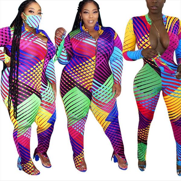 

plus size geometry printing casual womens jumpsuit ladys deep v neck full sleeve zipper bodycon rompers autumn latest, Black;white