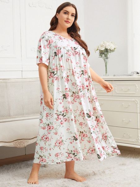 

plus allover floral print nightdress k6e5#, Black;white