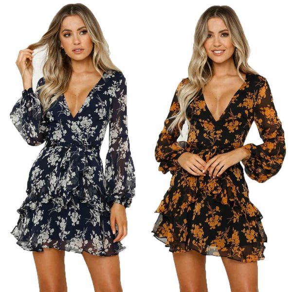 

2020 spring and autumn new women's v-neck long belt printed dress, Black;gray