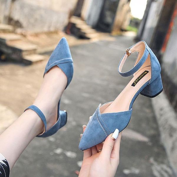 

sandals size plus 42/43 buckle band women pointed toe thick heels sandales ladies shoes concise sewing cover sandalias, Black