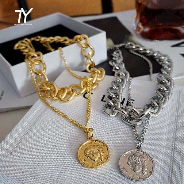 

pendant necklaces goth hip hop thick chain double circle portrait short necklace for woman 2021 korean fashion girl's clavicle jewelry, Silver