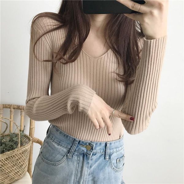 

women's sweaters 2021 basic v-neck solid autumn winter sweater pullover women female knitted slim long sleeve badycon, White;black