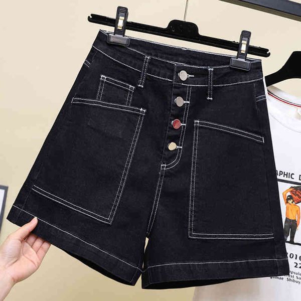 

women's jeans black denim shorts 2021 high-waist casual loose ladies fashion large size 5xl wide-leg short lf2d, Blue