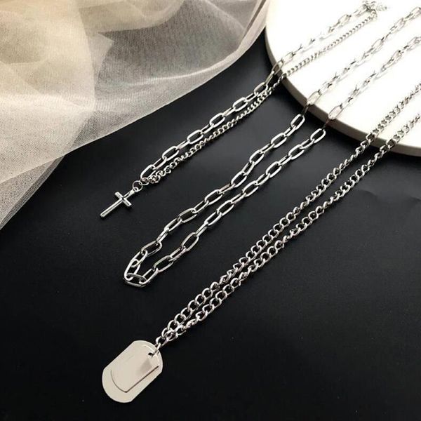 

pendant necklaces fashion three-piece suit sweater chain geometric cross pendants personality metal hip-hop punk style link gift, Silver