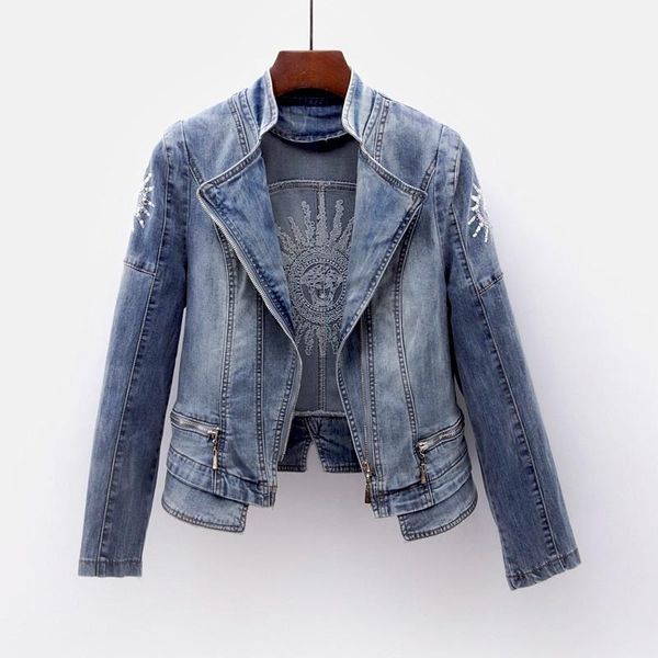 

women's jackets spring autumn women basic coats sequin denim embroidery fashion jeans coat loose long sleeve casual outerwear, Black;brown