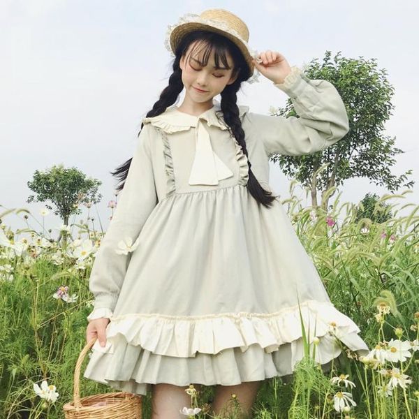 

casual dresses spring autumn japan lolita style a-line loose sweet kawaii ruffles long sleeve mini-dress women fashion brand ladies, Black;gray