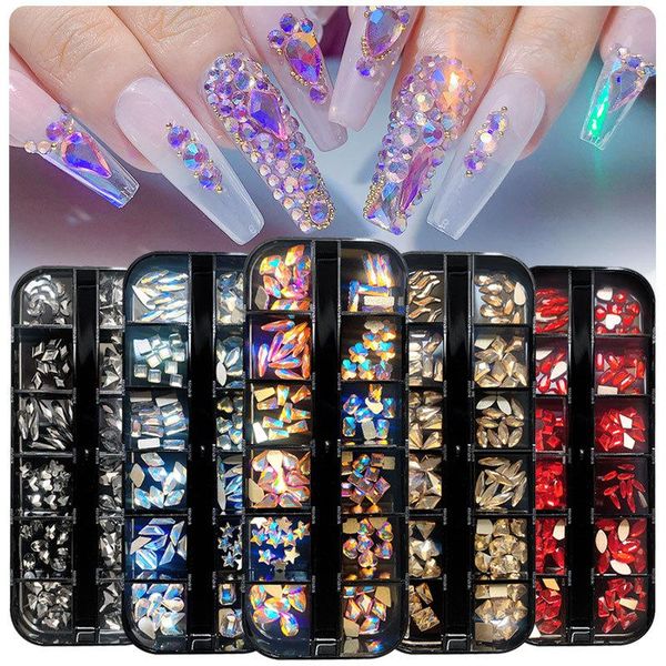 

nail art decorations exclusive diamond ornaments 12 grid set boxed flat-bottomed special-shaped diamonds colored glass, Silver;gold