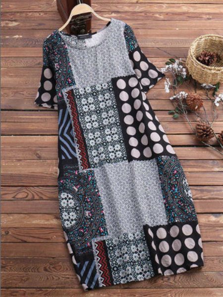 

dresses round neck casual print drs, Black;gray