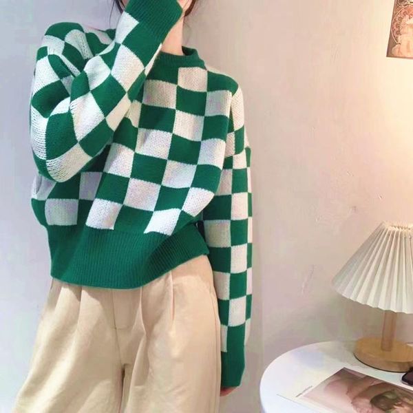 

women's sweaters 2colors 2021 autumn winter womens and pullovers checkered korean style fashion fashionable elegant plaid (kl3173), White;black