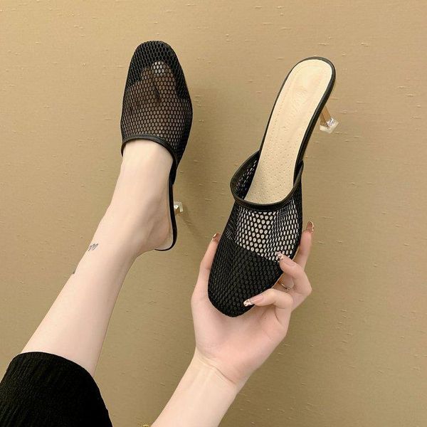 

slippers low shoes pu hoof heels rome rubber basic fabric, Black