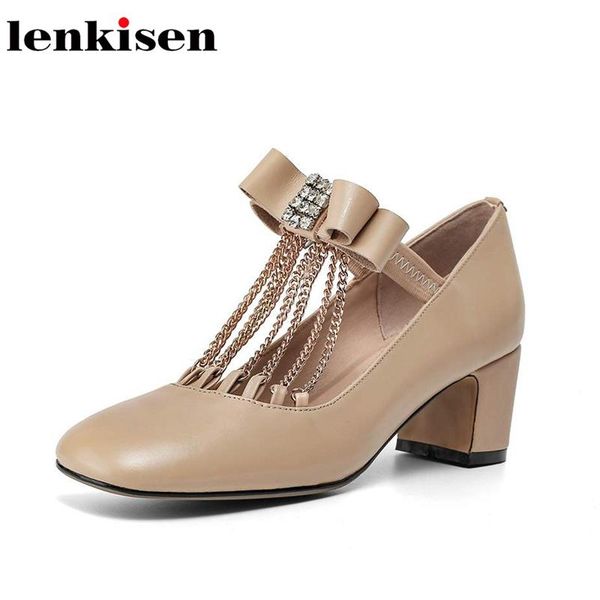 

lenkisen genuine leather square toe high heels solid bowtie chains diamond shiny fairy party maiden elastic band women pumps l80 dress shoes, Black