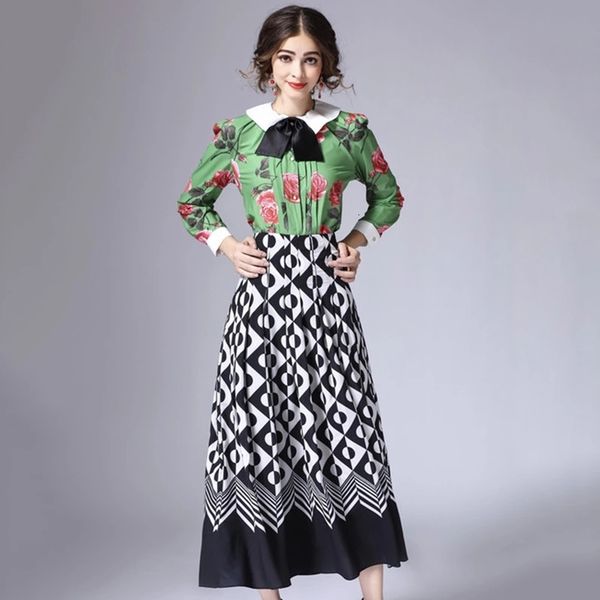 

two piece dress europe and the united states show latest high-quality printing plaid green rose shirt + skirt suit cnsh, White