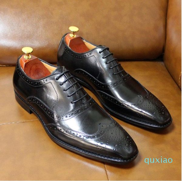 

size 7-13 handmade mens wingtip oxford shoes grey genuine leather brogue mens dress shoes classic business formal shoes for men, Black