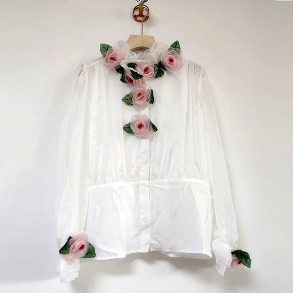 

women's blouses & shirts runway fashion women summer designer 3d rose appliques ruffles party holiday white long sleeve shirt clothing