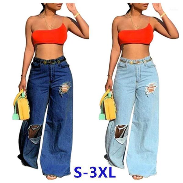 

wholesale dropshpping 2021 women jeans design trousers irregular solid color ripped loose street jeans1, Blue