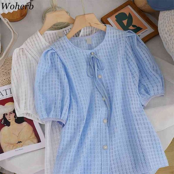 

elegance chic chiffon blouse all match casual puff sleeve loose girls sweet summer short sleeves blusas 210519, White