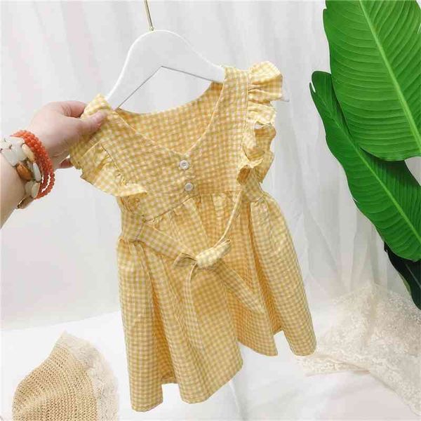 

children's wear 2021 summer new girl's bow plaid dress open back flying sleeve princess skirt pure cotton style, White