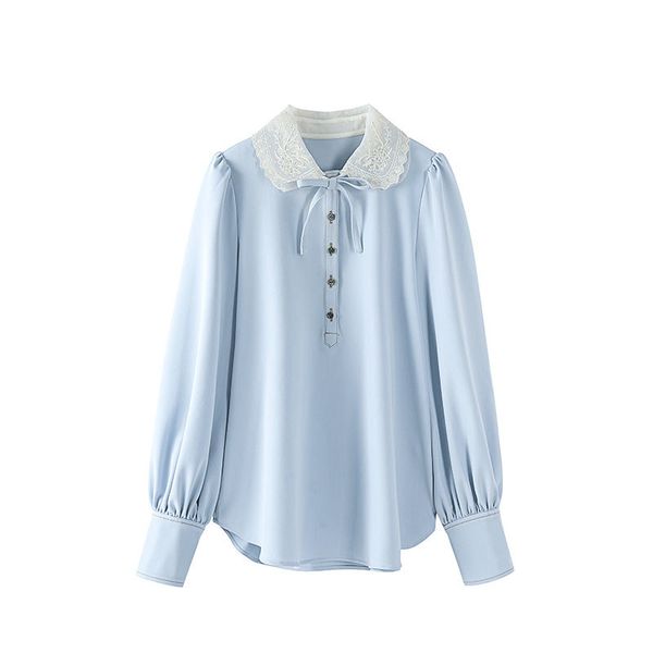 

spring summer new peter pan collar bow lace full thin casual shirt women 210421, White