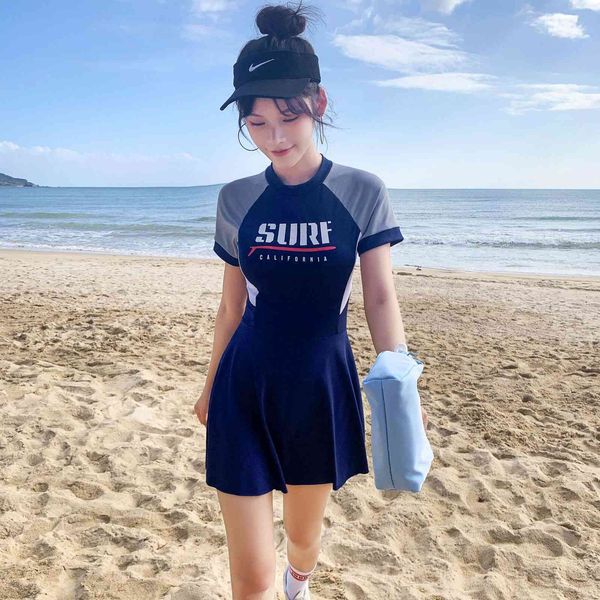 

swimsuit women's 2021 new skirt style one-piece boxers conservative students small breasts gather girls for spring swimming suit, White;black