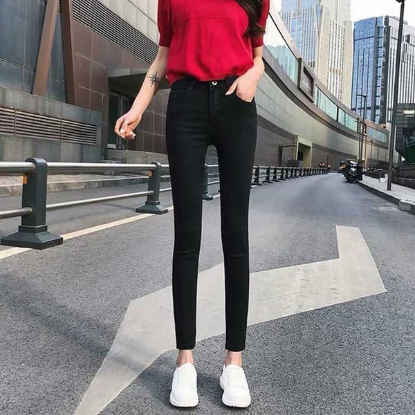 

spring and summer jeans korean tight high waist elastic leggings for female students women's, Blue