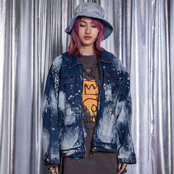 

2021 tie dye paint oversize jeans men and women oversize zipper loose casual denim coat streetwear jean jackets, Black;brown