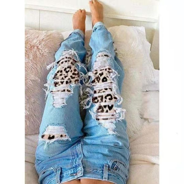 

women's jeans 2021 new pants with holes and leopard pattern, Blue