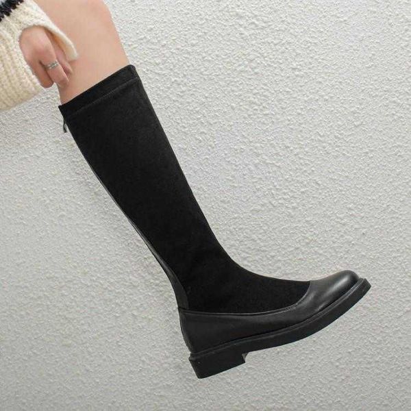 

boots boot girl autumn and winter apricot college flat bottomed round head splicing elastic large high 43 small, Black