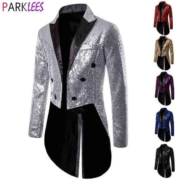 Giacca da uomo con frac glitter argento con paillettes Costume da uomo Halloween Homme Party Stage Performance Blazer uomo 210522