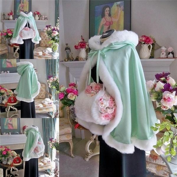 

wraps & jackets bridal winter wedding cloak cape hooded with fur trim long, White