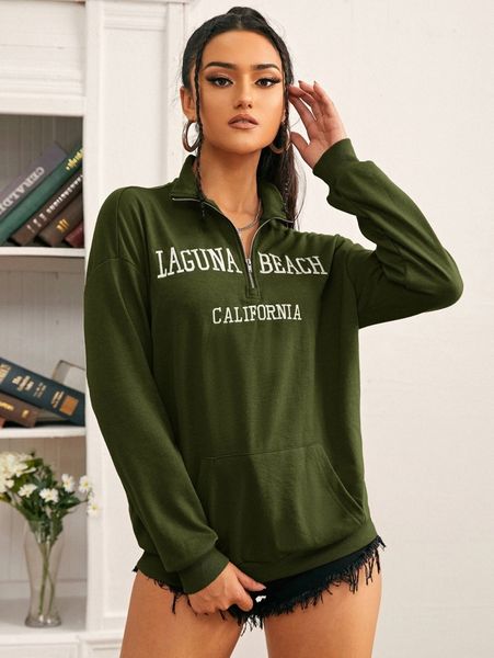 

letter embroidery half zip drop shoulder sweatshirt t7e7#, White;black