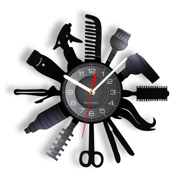 

wall clocks hair salon decortative clock haircutting tools curler shaver scissors led light watch barber shop art decor
