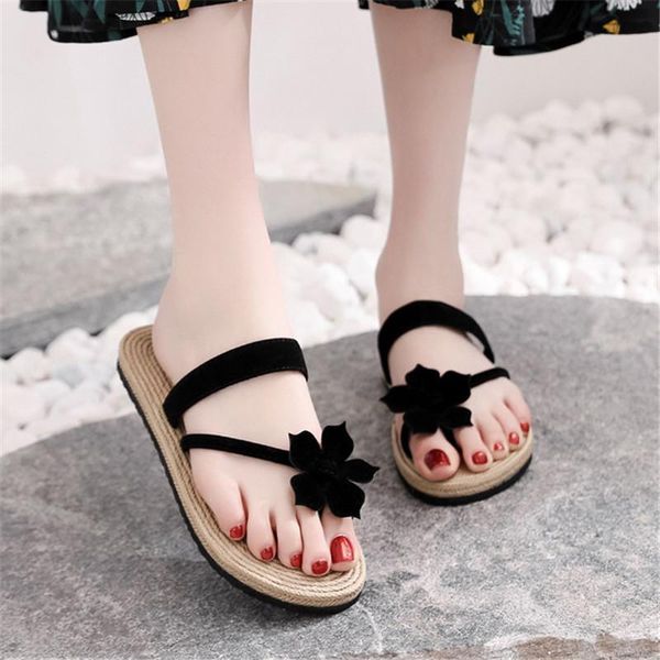 

slippers women summer flat outdoor beach flip flops leisure flower 2021, Black