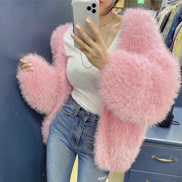 

women's knits & tees sweater v-neck furry loose knit cardigan mohair crochet jacket faux fur plush velvet lantern sleeve top, White