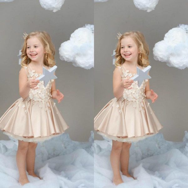 

mini flower girls dresses jewel sleeveless hand made flowers beads satin a line prom knee length kids formal wear, White;red