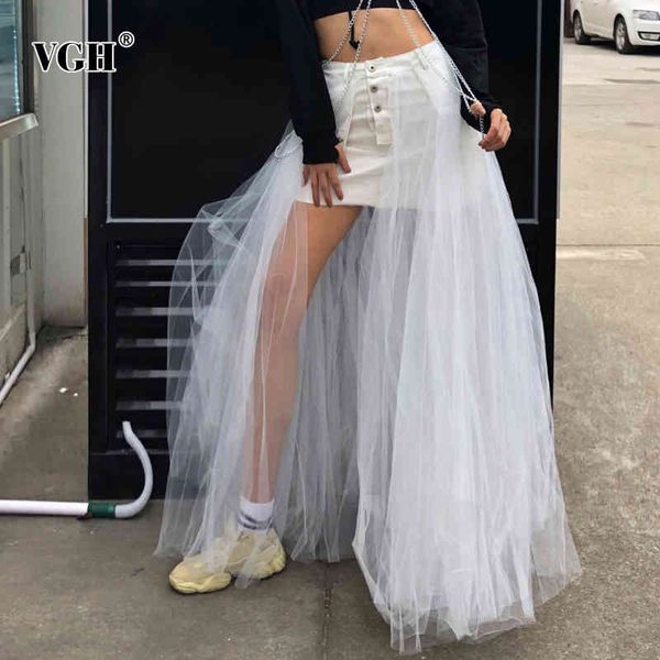 

vgh patchwork mesh skirt for women high waist white temperament perspective casual loose skirts female fashion clothing new 210421, Black