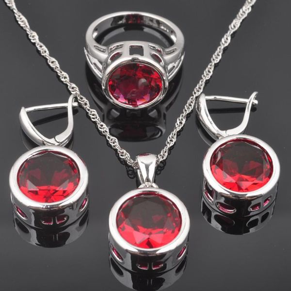 

earrings & necklace classic red zirconia round women's wedding silver color jewelry sets pendant rings qz0372
