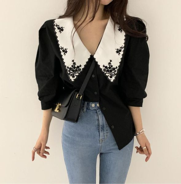 

women's blouses & shirts 2021 limited polyester cotton regular vadim women japan and south korea summer retro temperament lapel shirt, White