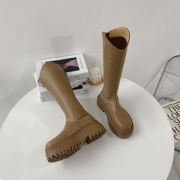 

boots blwbyl2021 women under knee length autumn winter riding boot med heels round toe bright leather booties, Black