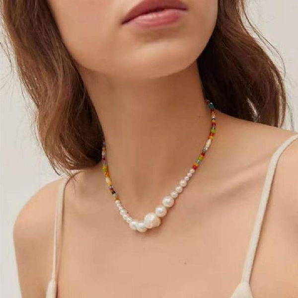 

chokers boho colorful rice beads baroque pearls necklace women engagement party fashion handmade beaded choker jewelry, Golden;silver