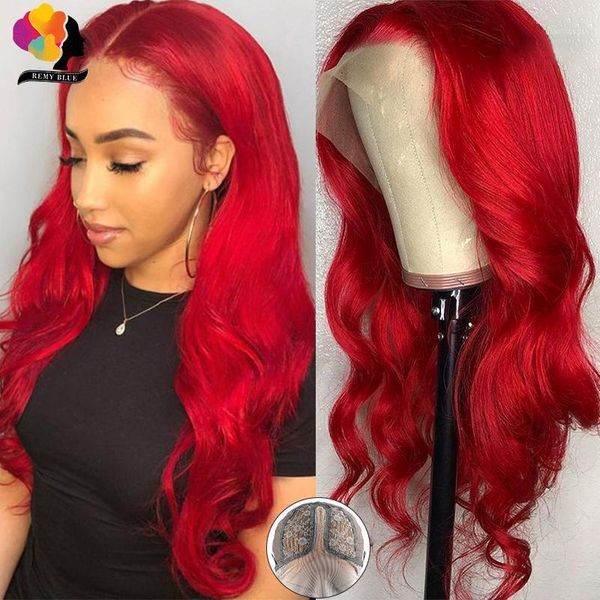 

remyblue 13*1 red body wave lace part wig 99j pre plucked 150% human hair wigs brazilian remy deep wig1, Black;brown