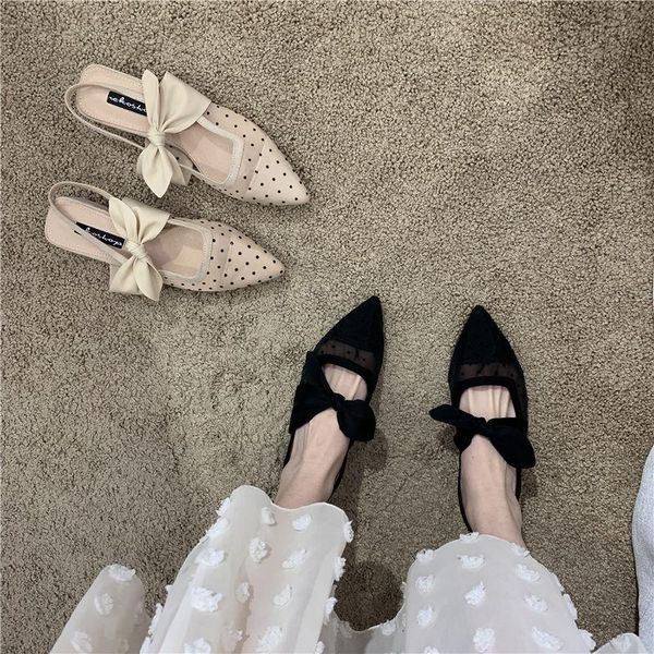 

sandals nice spring/summer dot mesh bow mid heel pointed toe shoes women's for women, Black