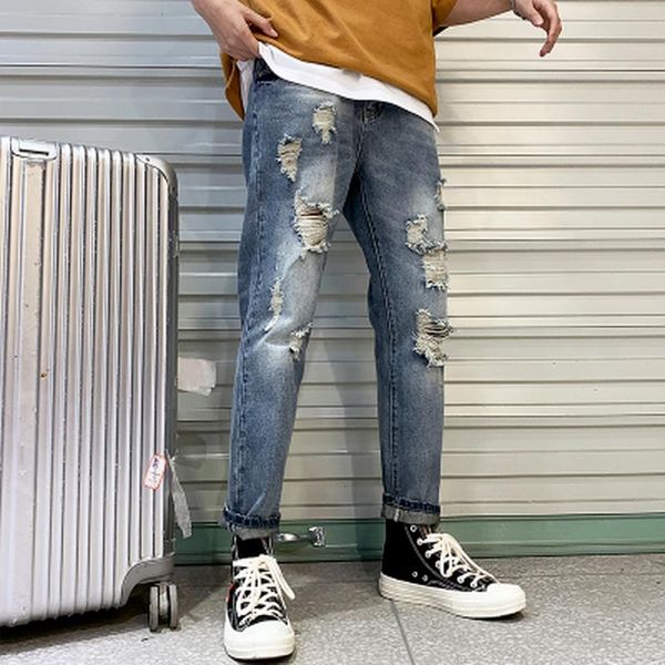 

men's jeans 2021 fashion hip hop blue cool ripped stretch straight large size casual ankle pants
