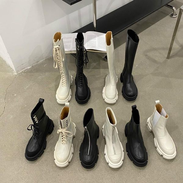 

round toe platform motorcycle boots women front zipper solid chunky heel designer shoes, Black