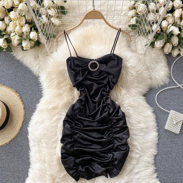 

women careful pleated slim buttocks dress solid color slash collar high waist fashion tide spring summer 2021 11b337 casual dresses, Black;gray