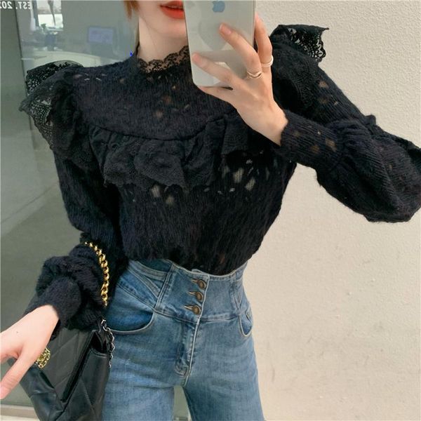 

women's sweaters hziripturtleneck ruffle solid folds puff sleeve hollow out women sweater 2021 winter all-match fashion elegant, White;black