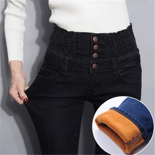 

women's jeans high waist tight jeans, wool elastic sling / no velvet, large casual winter warm, Blue