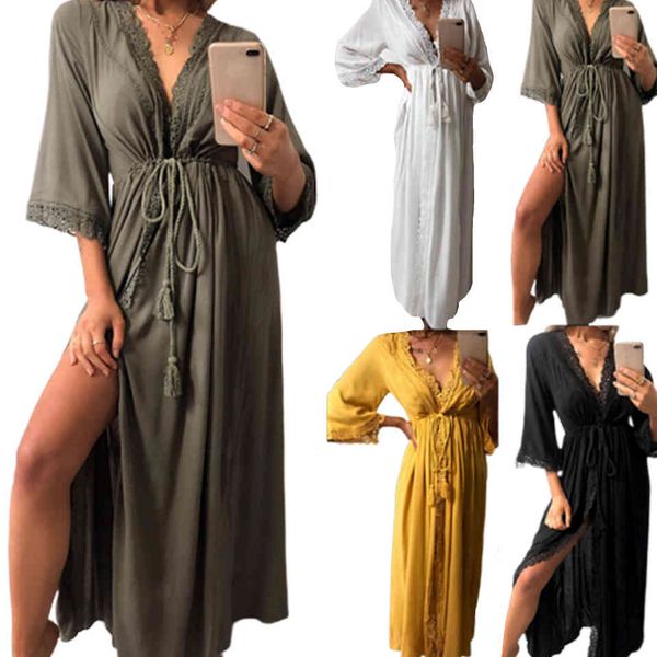 

dress wrist roll sleeves with lace crochet cut edge sukienka scallop dip deep cardigan dressed as female bathrobe femme 2021, Black;gray