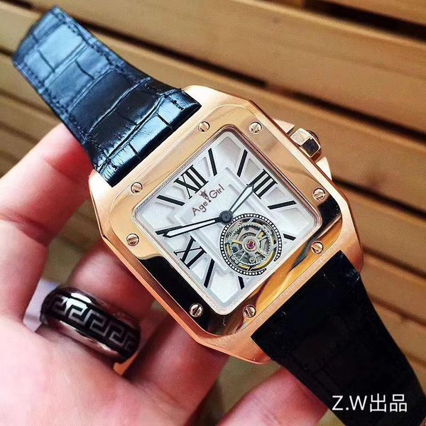

wristwatches men automatic mechanical watch rose gold brown black leather tourbillon sapphire limited sport square, Slivery;brown