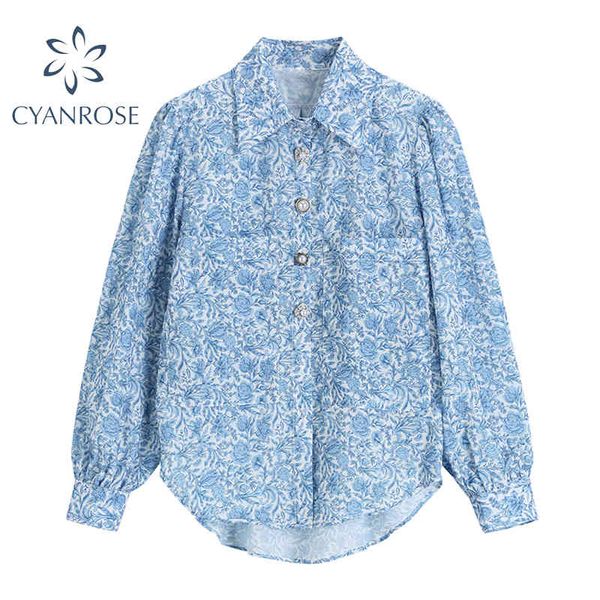 

vintage floral print blouse women puff long sleeve spring pearl lapel shirt female elegant chic korean y2k blusas 210417, White