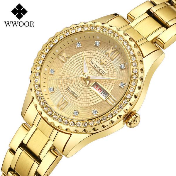 

wwoor luxury brand diamond watch for women fashion dress gold elegant quartz date ladies bracelet reloj mujer 210616, Slivery;brown